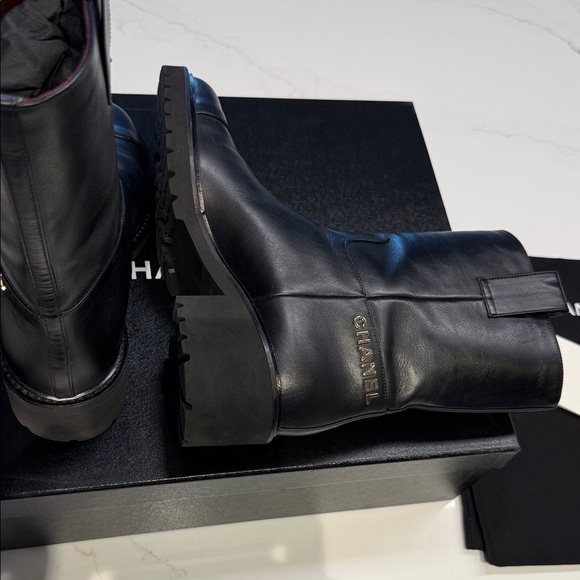 CHANEL Black Leather Chunky Boots with Gold Logo - Picture 8 of 11